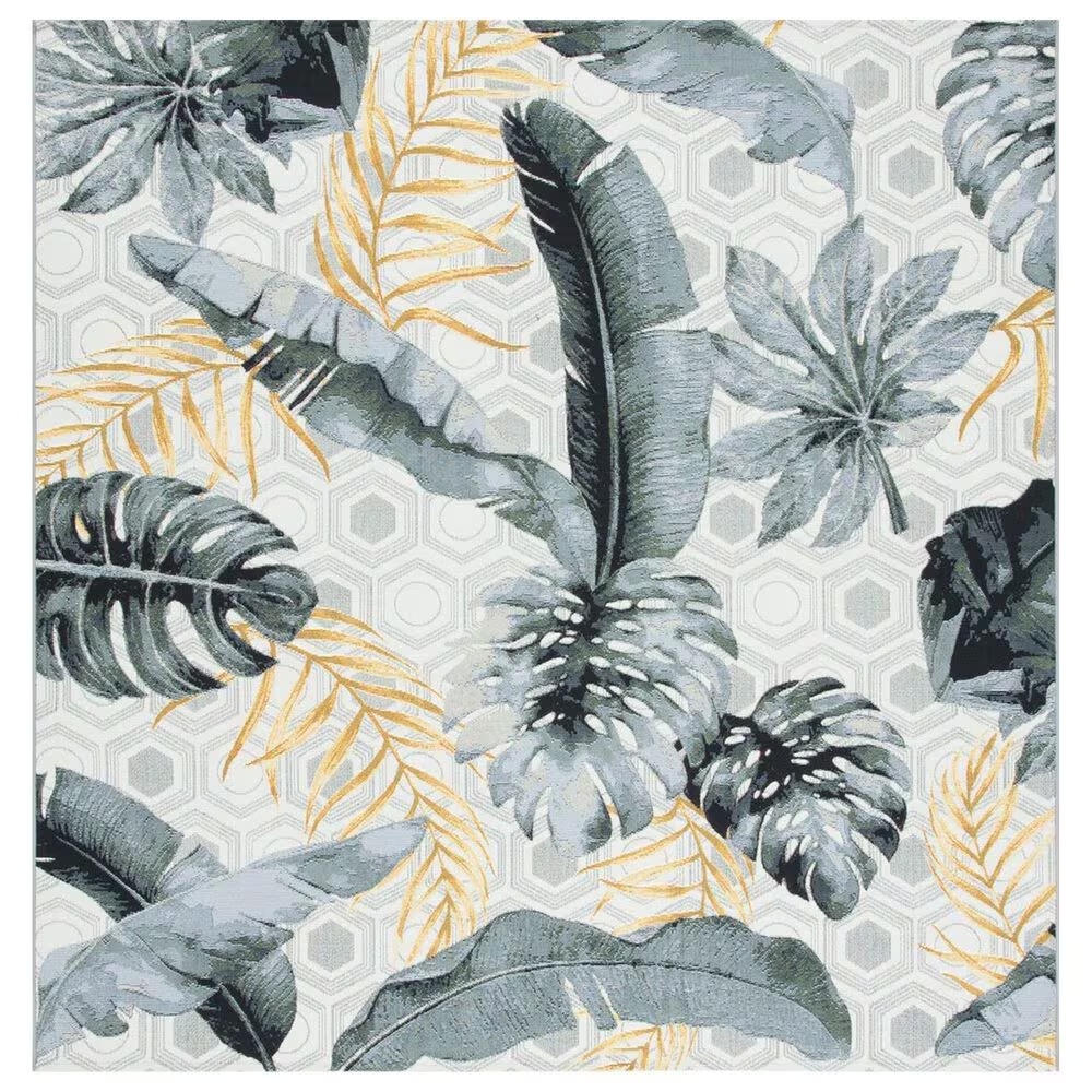 Safavieh Barbados Tropical Botanical 5'3" Square Grey and Gold Indoor/Outdoor Area Rug