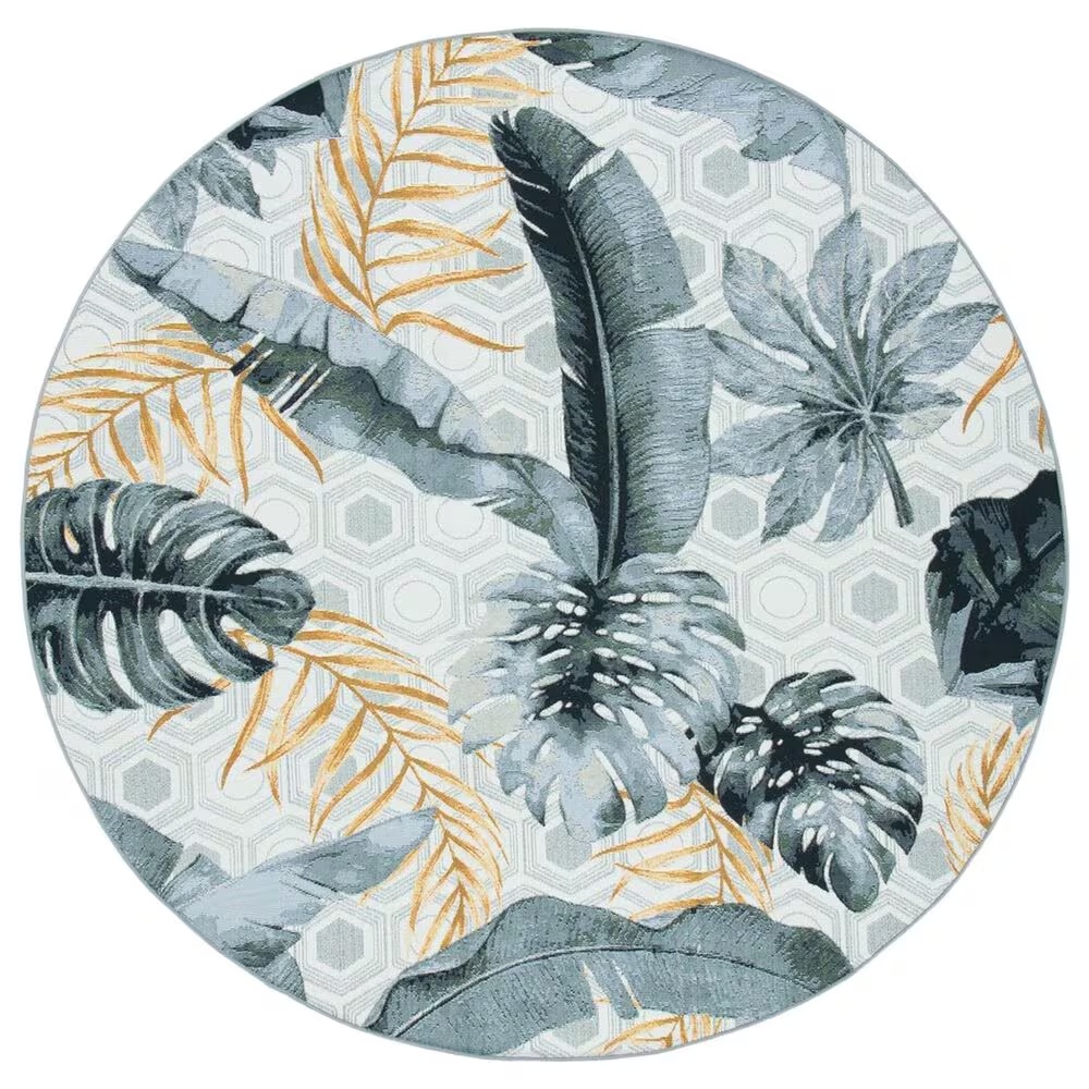 Safavieh Barbados Tropical Botanical 6'6" Round Grey and Gold Indoor/Outdoor Area Rug
