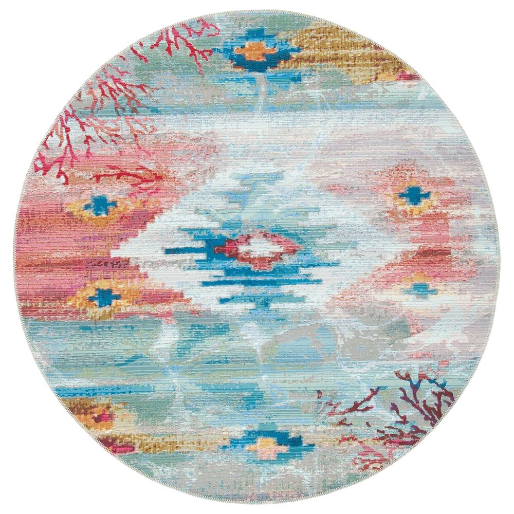 Safavieh Barbados Tropical Abstract 6'6" Round Light Blue and Pink Indoor/Outdoor Area Rug