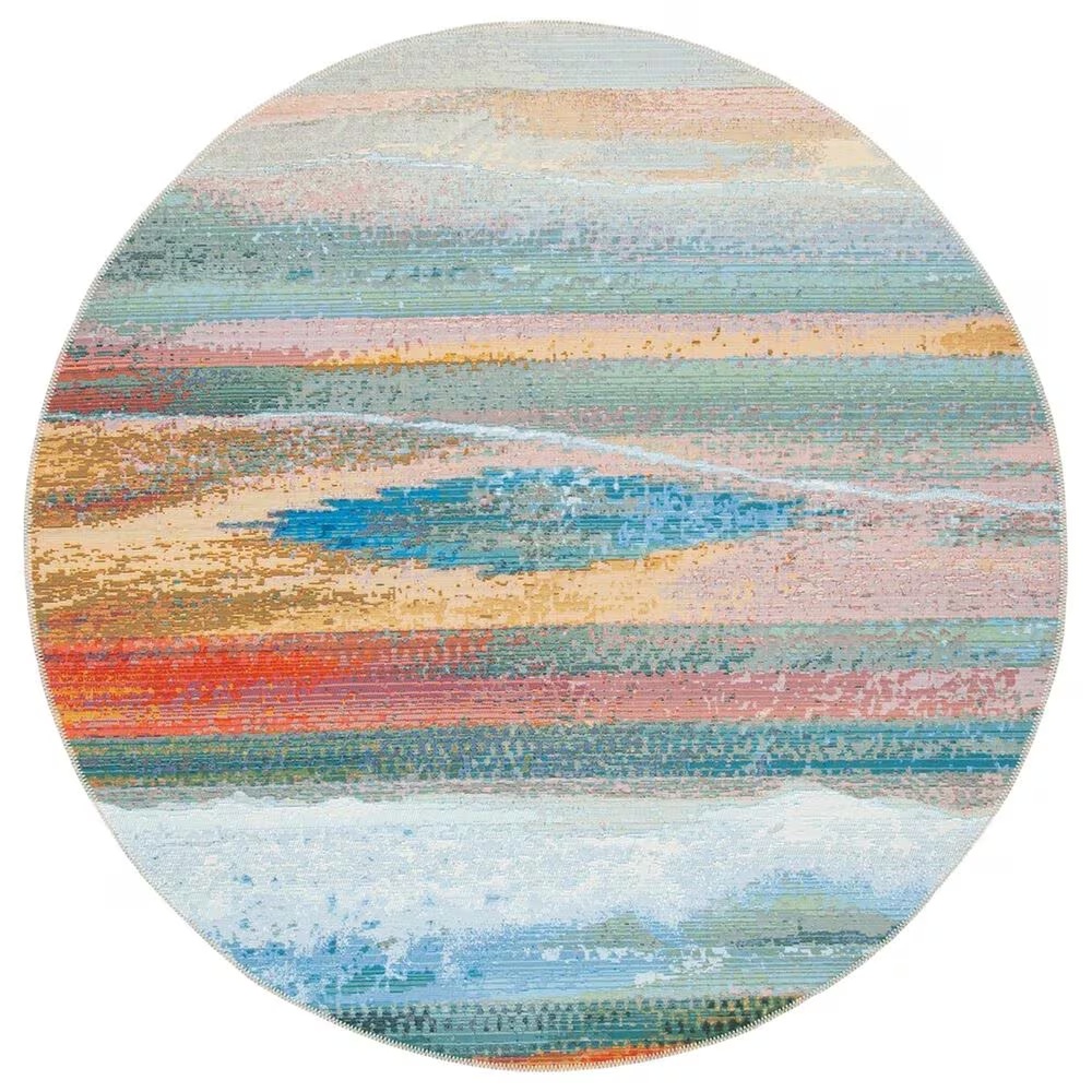 Safavieh Barbados Abstract Sunset 5'3" Round Light Blue and Pink Indoor/Outdoor Area Rug