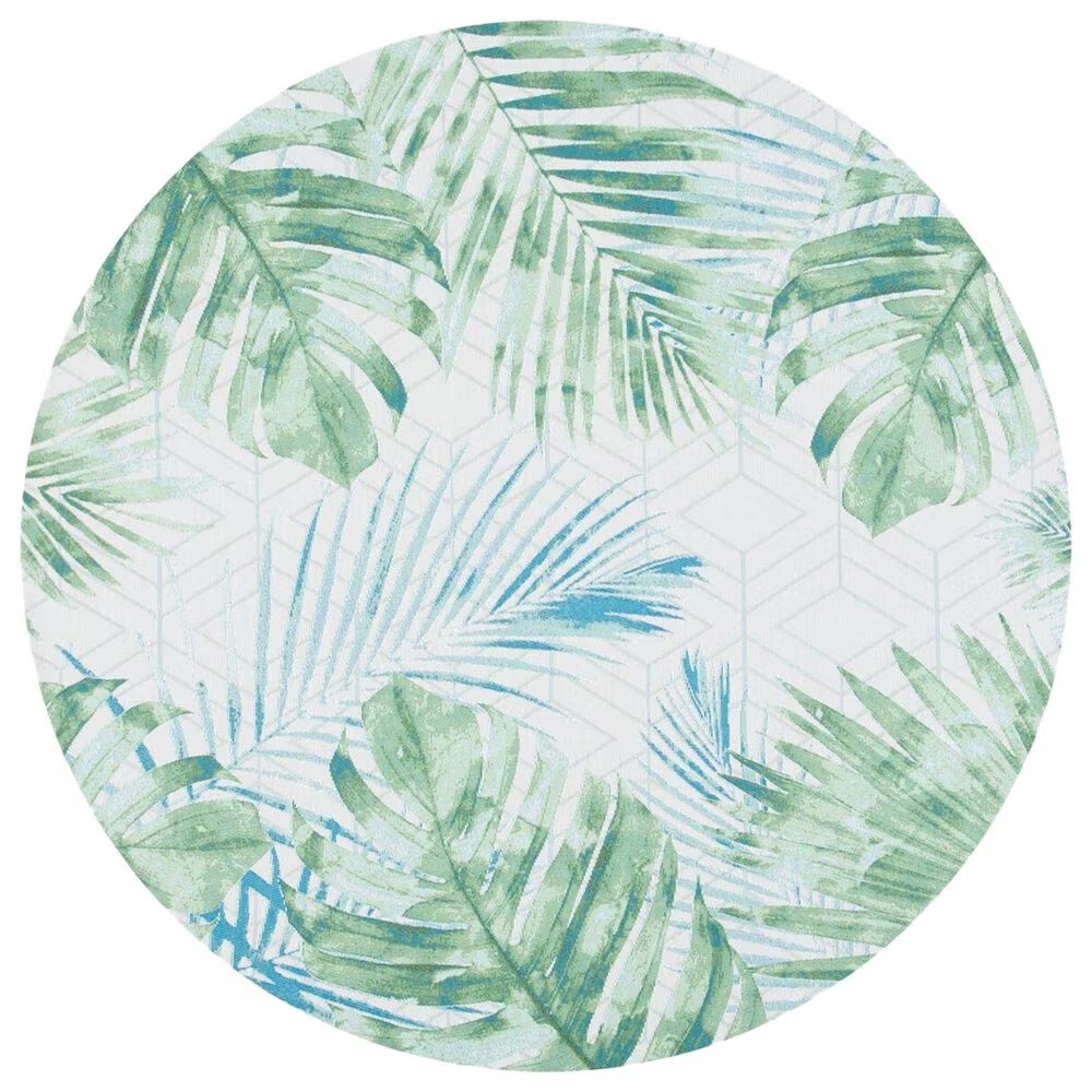 Safavieh Barbados Tropical Botanical 5'3" Round Green and Teal Indoor/Outdoor Area Rug