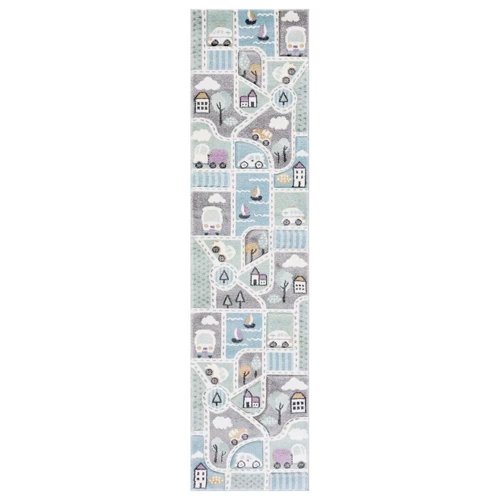 Safavieh Carousel 2' x 8' Grey and Light Blue Kids Runner