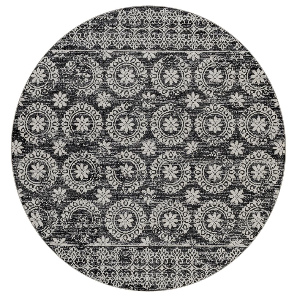 Surya Lavadora Oriental 6'7" Round Black, Gray and Light Gray Area Rug