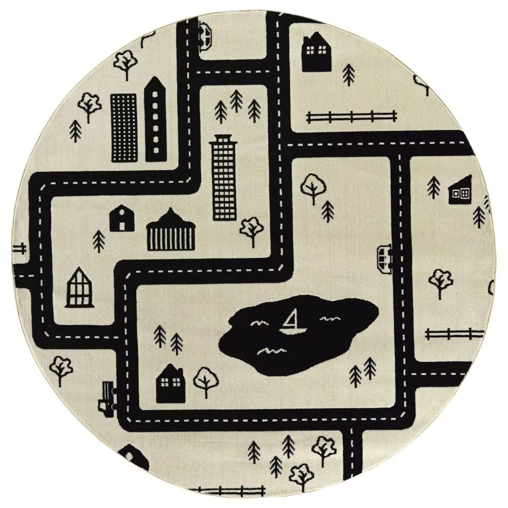 Balta Rugs Urban Adventure Road 5'3" Round Ivory and Black Kids Area Rug