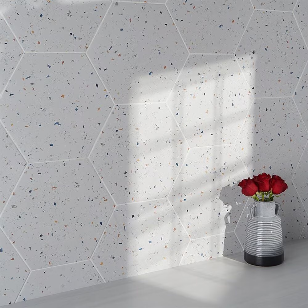 Soho Studio Wild Terrazzo Multi White 13" x 14" Hexagon Porcelain Tile