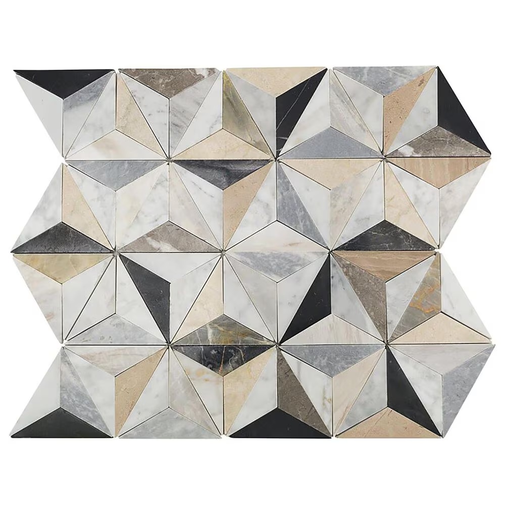 Soho Studio MJ Geotech Carrara, Sky Gray and Botticino 14" x 16" Marble Mosaic Sheet
