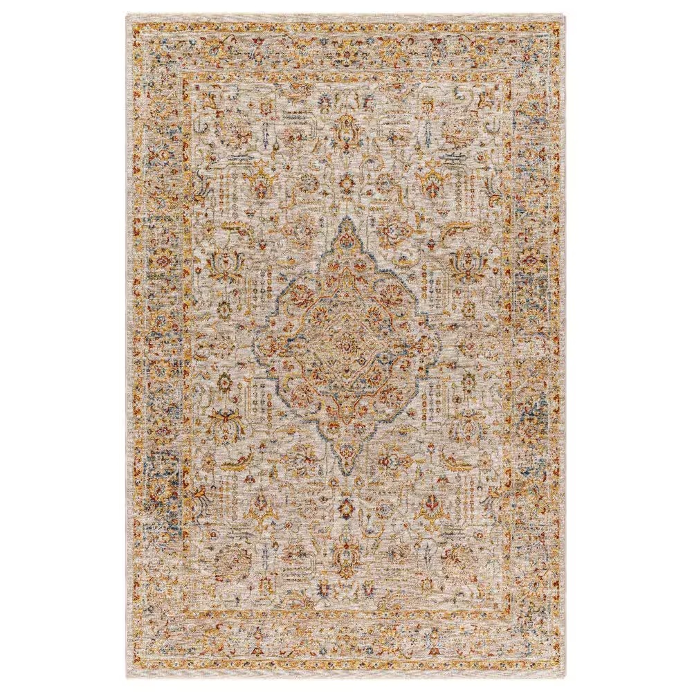 Surya Mona Lisa 6'7" Round Light Sage, Tan, Mustard, Olive, Brick Red, Dark Blue and Burgundy Area Rug
