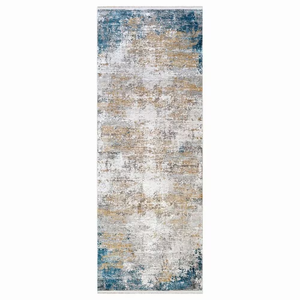 Surya Solar 3' x 8' Sky Blue, Dark Blue, Saffron, White, Gray and Charcoal Runner