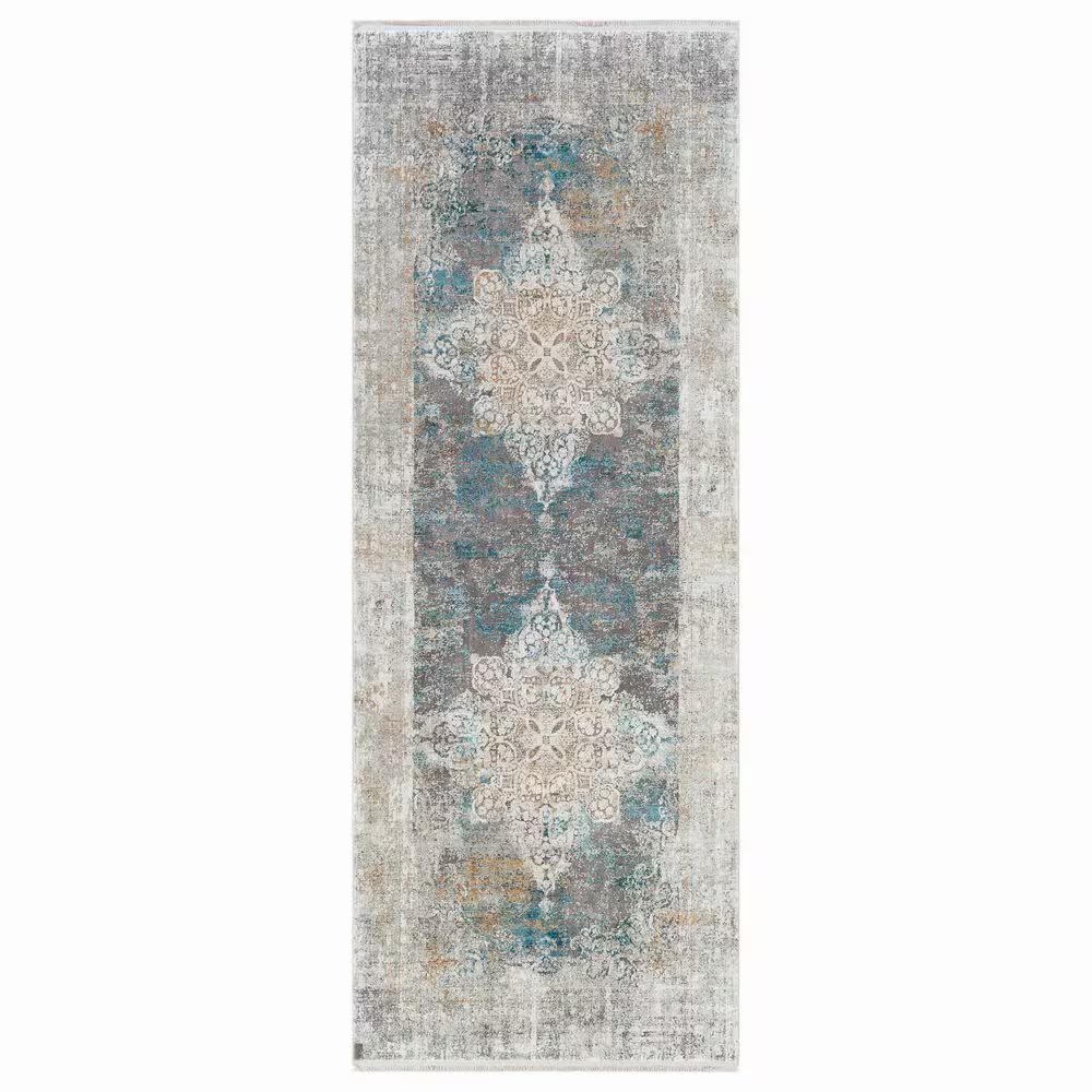 Surya Solar 3' x 8' Sky Blue, Charcoal, Light Gray, White and Saffron Runner