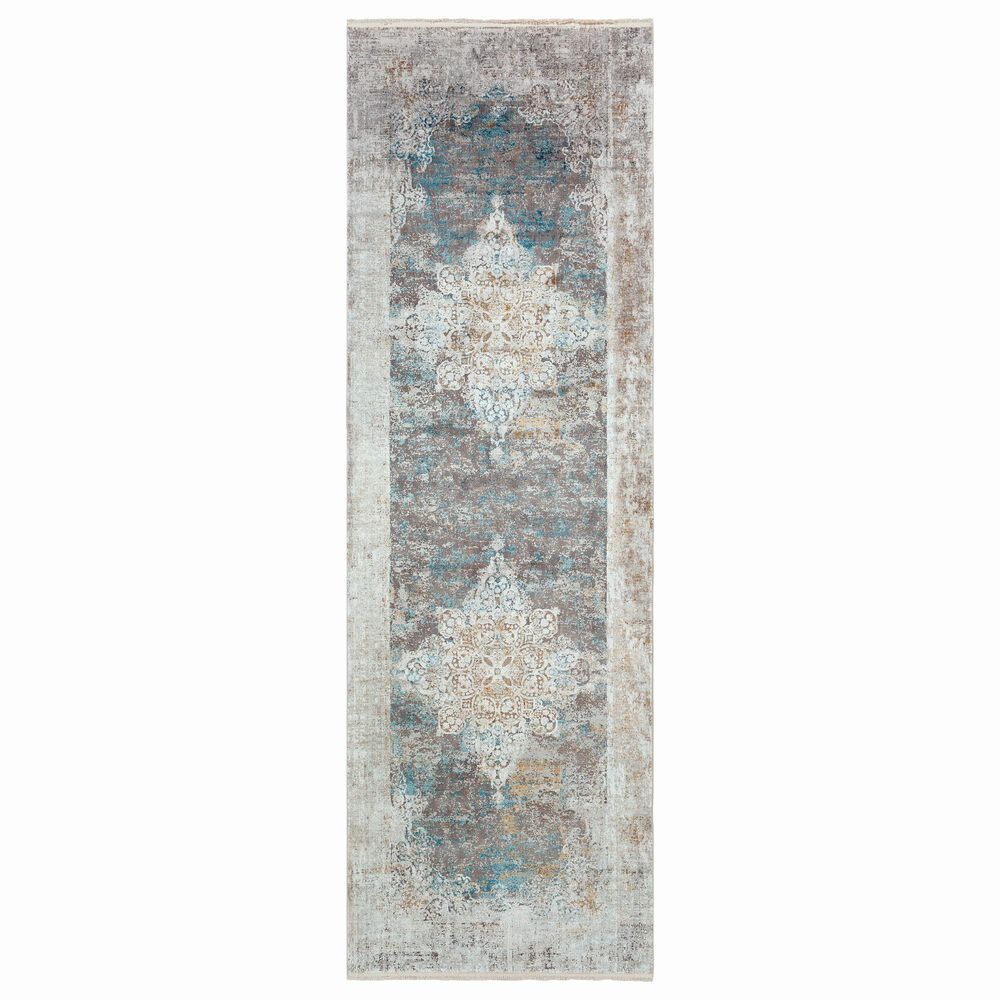 Surya Solar 3' x 9'10" Sky Blue, Charcoal, Light Gray, White and Saffron Runner