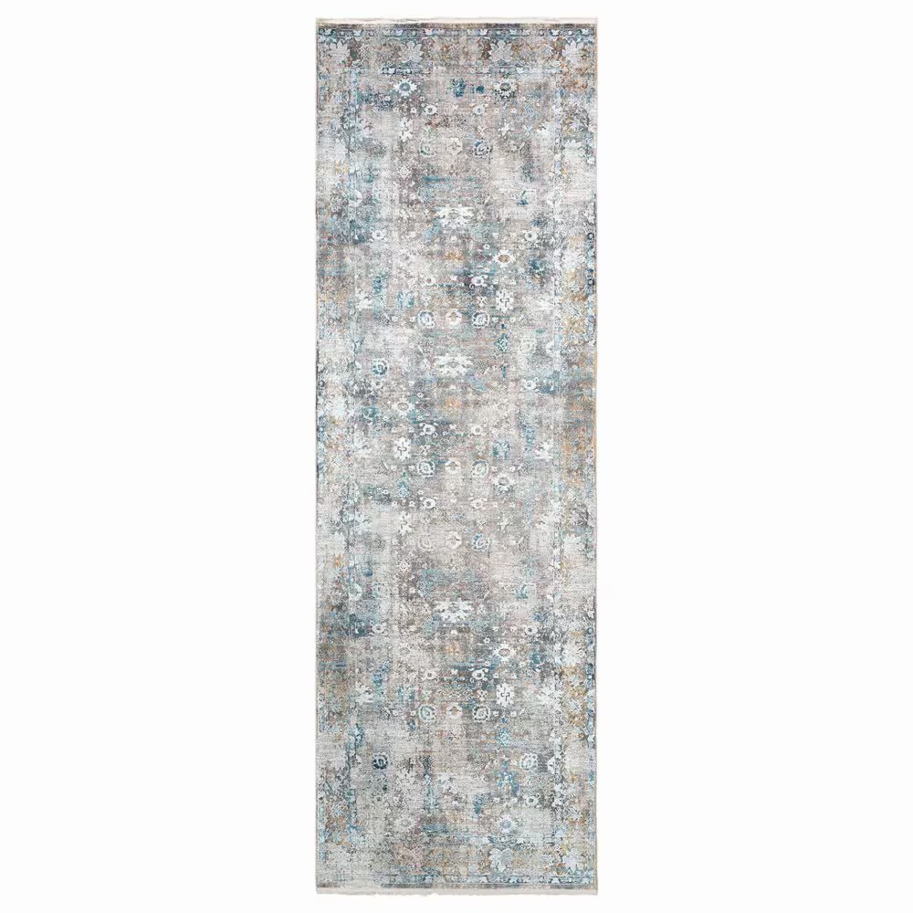 Surya Solar 3' x 9'10" Dark Blue, Charcoal, Light Gray, White and Saffron Runner
