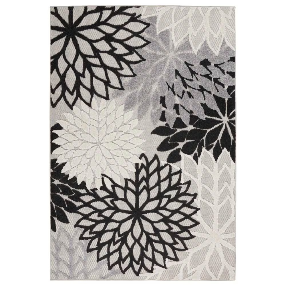 Nourison Aloha Floral 5'3" x 7'5" Black and White Indoor/Outdoor Area Rug