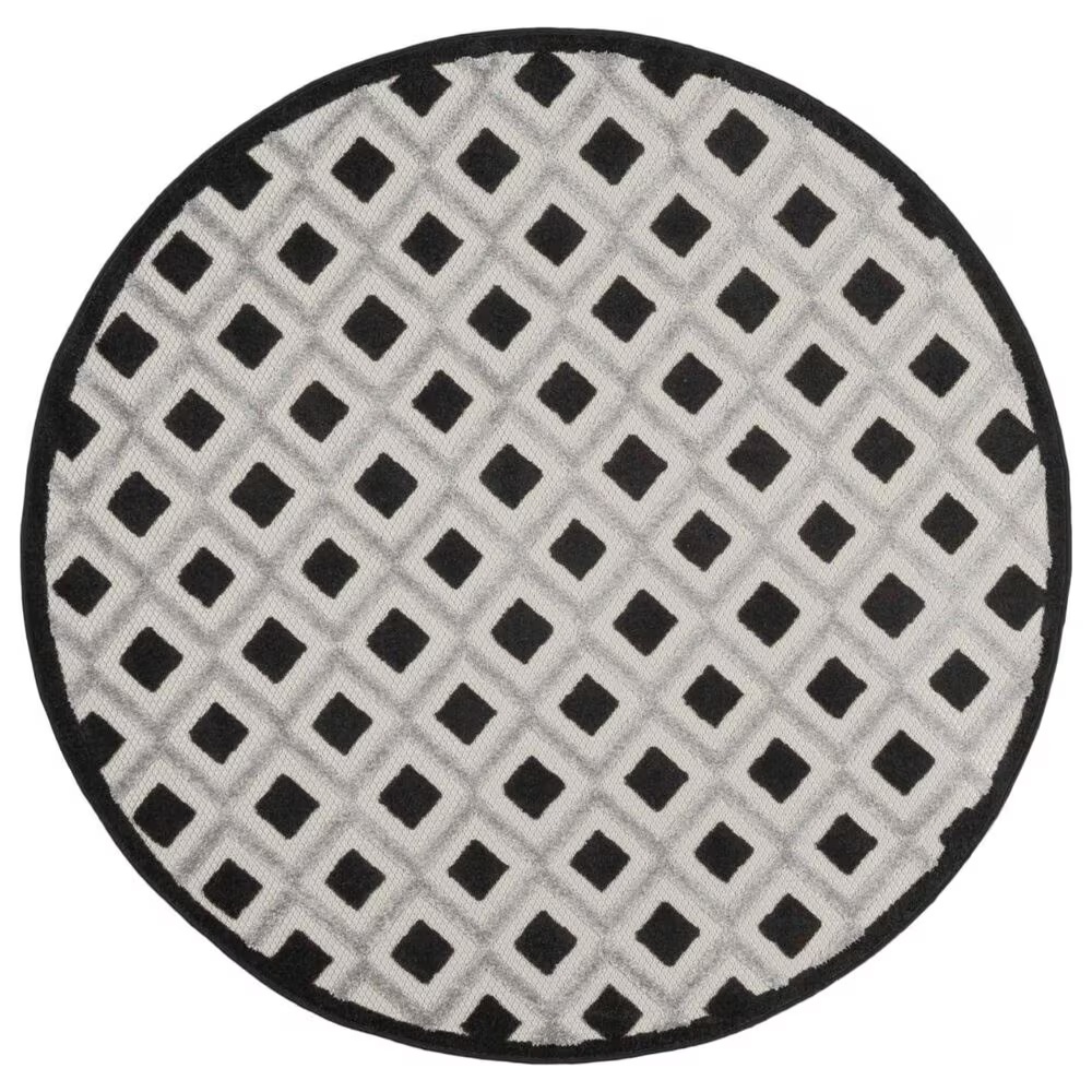 Nourison Aloha Geometric 5'3" Round Black and White Indoor/Outdoor Area Rug