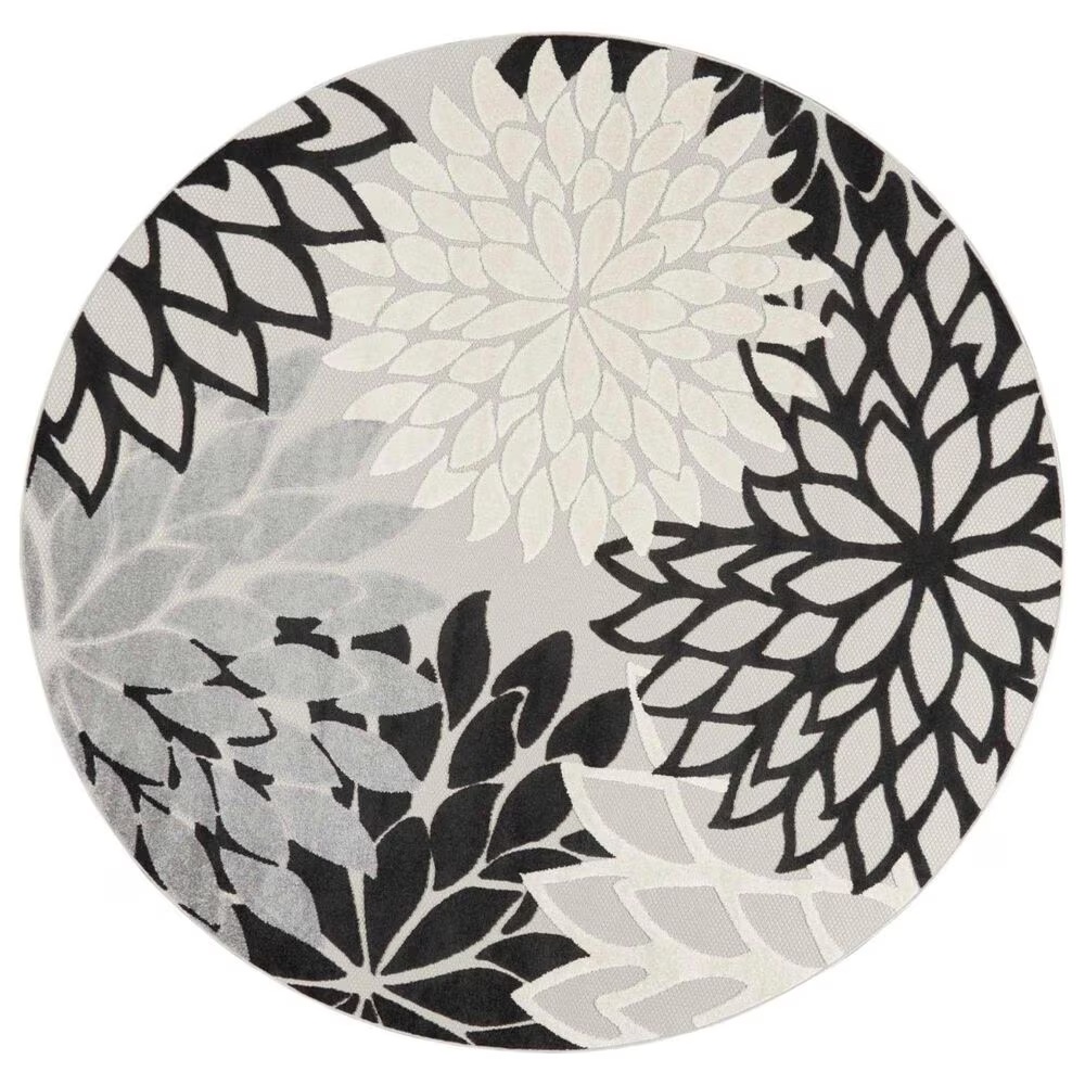 Nourison Aloha Floral 7'10" Round Black and White Indoor/Outdoor Area Rug