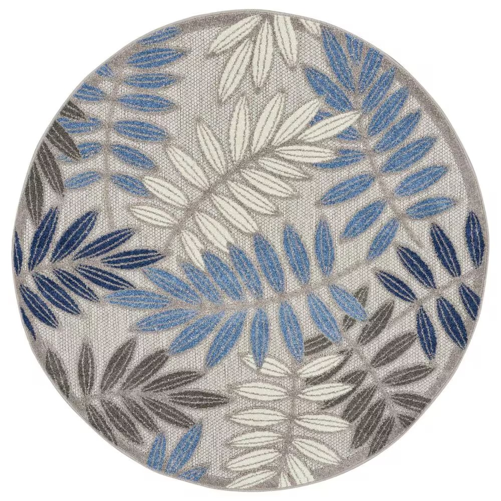 Nourison Aloha Floral 4' Round Grey and Blue Indoor/Outdoor Area Rug