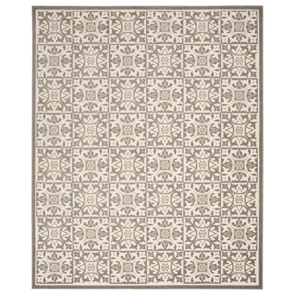 Nourison Aloha Damask 7'10" x 10'6" Ivory and Grey Indoor/Outdoor Area Rug