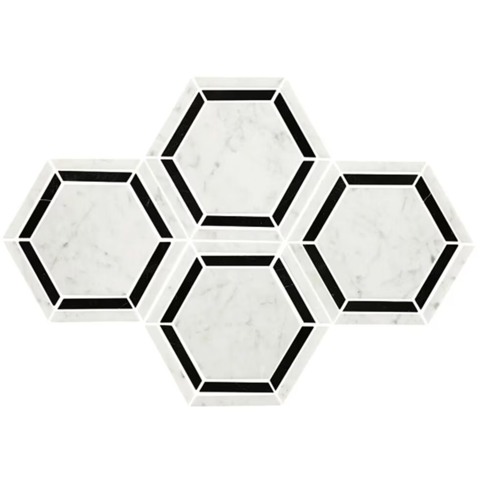 Dal-Tile Black and White Honed 6" x 6" Hexagon Marble Mosaic Sheet