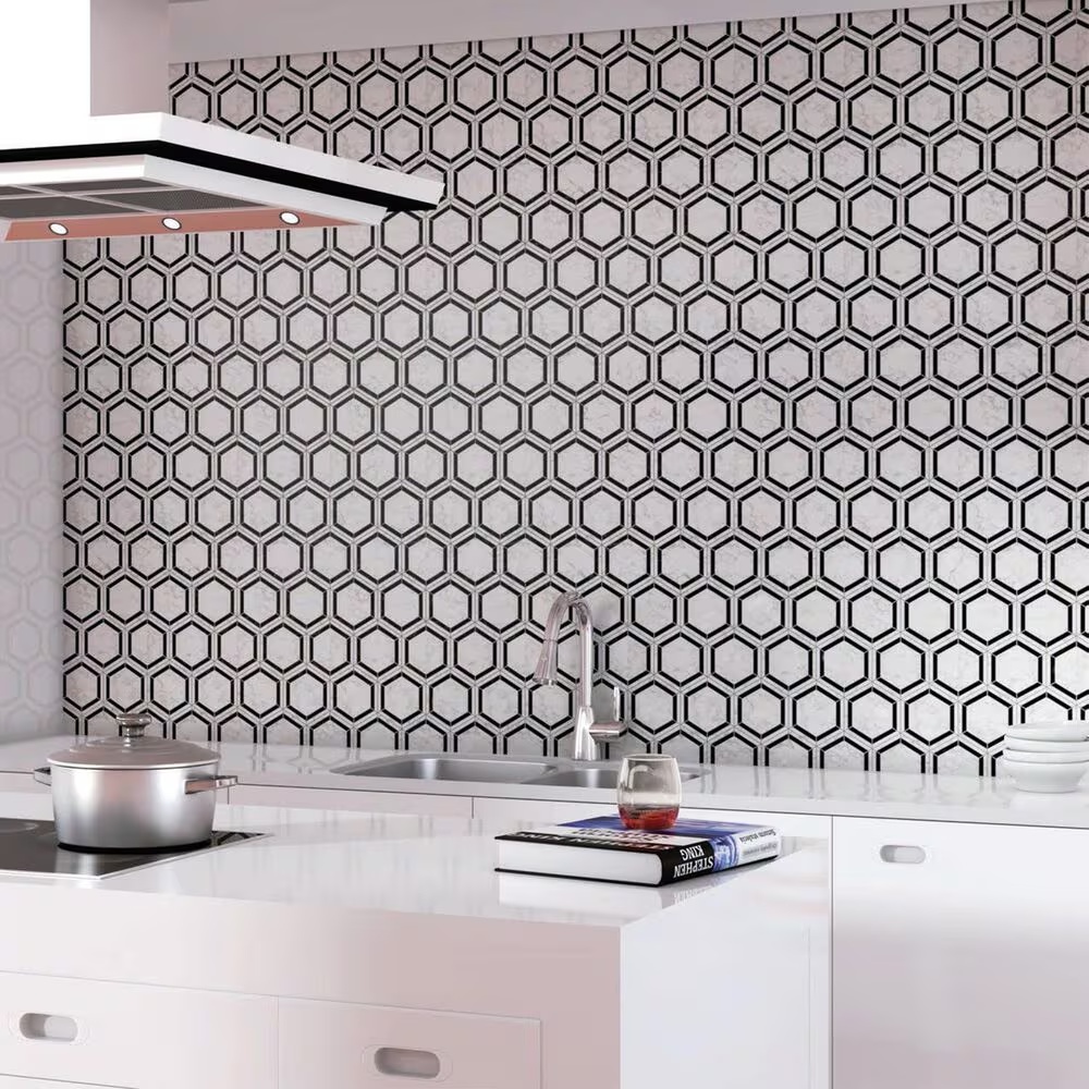 Dal-Tile Black and White Honed 6" x 6" Hexagon Marble Mosaic Sheet