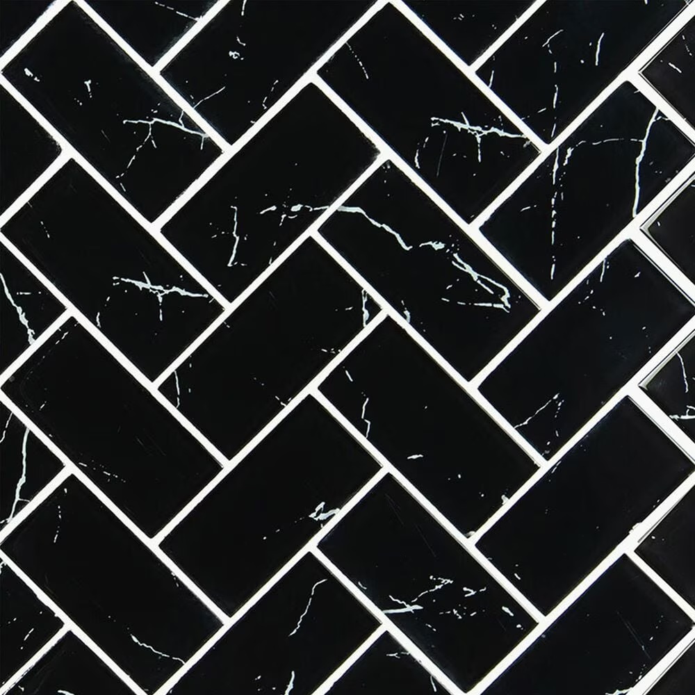 MS International Nero Marquina Herringbone 2" x 4" on 12" x 12" Glass Mosaic Sheet
