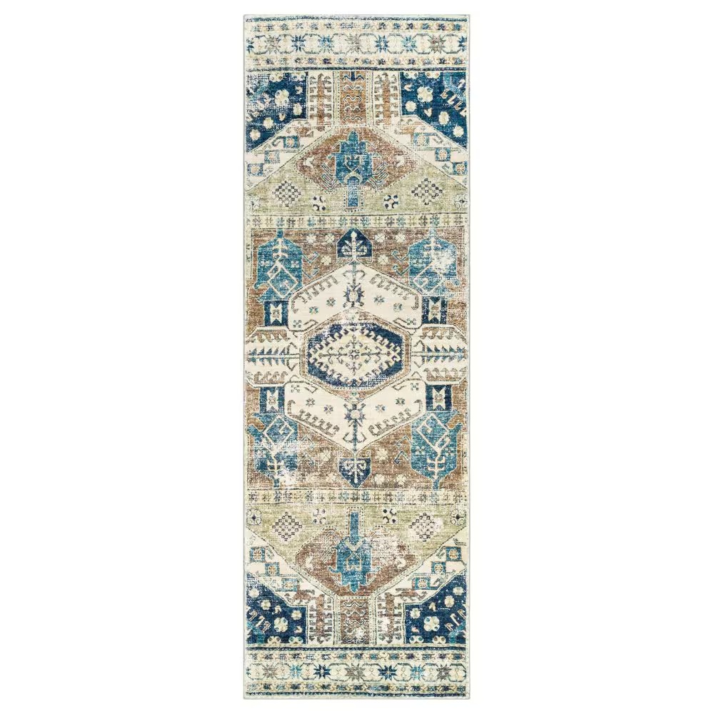 Surya Erin 2'6" x 7'6" Navy, Sage, Camel and Aqua Runner