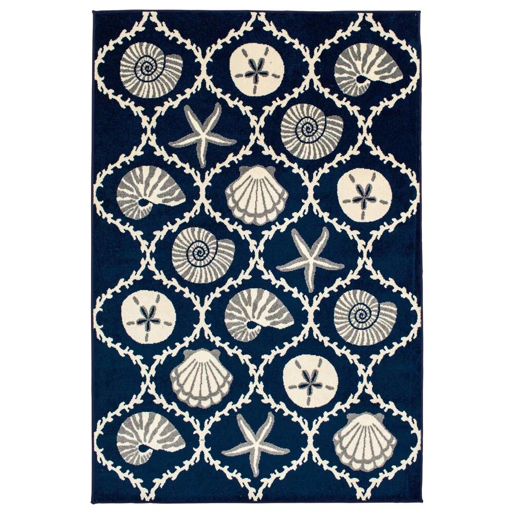 Central Oriental Terrace Tropic Coastal Coral Lattice 6'7" x 9'6" Sapphire and Snow Area Rug