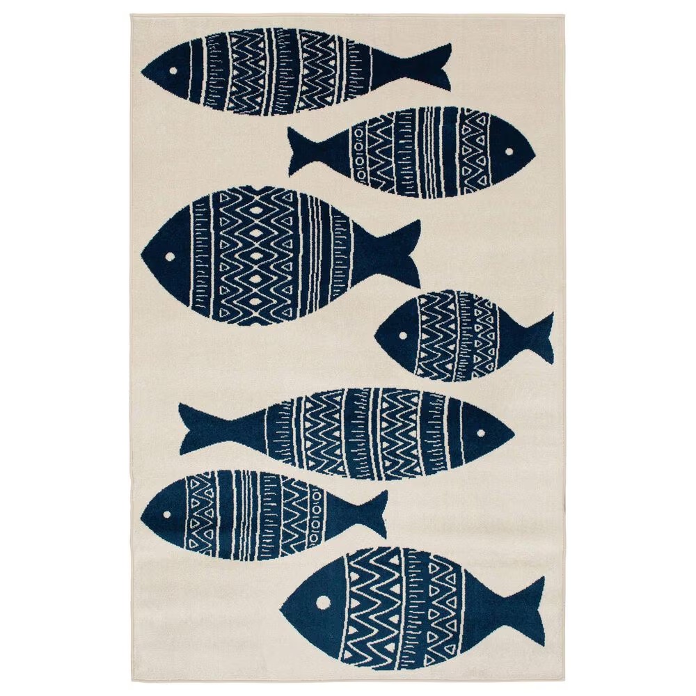 Central Oriental Terrace Tropic Friendly Fish 7'10" x 9'10" Snow and Sapphire Area Rug