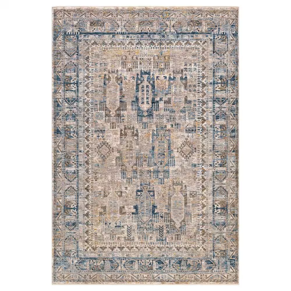 Surya Mirabel MBE-2302 5'3" Round Navy, Denim, Cream, Brown, Saffron, Taupe and Gray Area Rug